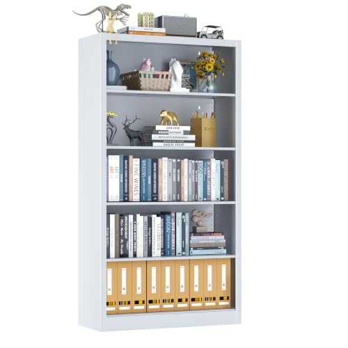 Image of White Metal Bookcase, 55 inch H Small Adjustable Bookshelf | 5 Tier Heavy Duty Book Shelf, Modern Style, for Living Room, Home Office, Study Room, Library, Easy Assembly