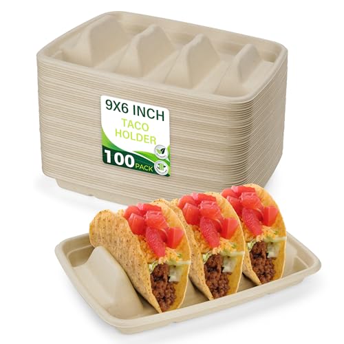 BIRCHIO 100 Pack Disposable Taco Holders with Dividers, Perfect for Taco Bar Supplies