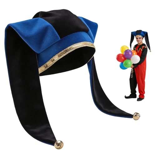 CAMDOM Narrenhut mit Glocken Schwarz und Rot Harlekin Narrenhut Mittelalter Karneval Kostüm Zubehör mit Goldbesatz für Erwachsene Halloween Maskerade Party Schwarz/Blau