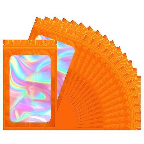 FITIMOR 100 PCS Mylar Holographic Bags, Clear Resealable Bags, Scent Proof Bag, Bracelet Bag, Valentines Day Decorations Gift Baggies for Lipgloss, Eyelash, Jewelry Packaging | Orange, 2.4x3.9 Inch