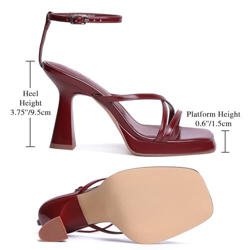 Image of Reitoye Strappy Heels for Women Platform High Chunky Heels Square Open Toe Heeled Sandals Ankle Strap Block Heels