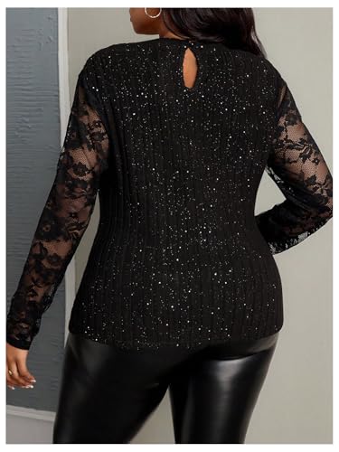 SweatyRocks Women's Plus Size Cut Out Mock Neck Floral Lace Long Sleeve Slim Fit Sparkly Shirt Top2