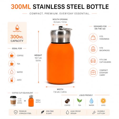 Image of 316 Stainless Steel Water Bottle 300 ml | Hot & Cold | Durable & Leak-Proof | For Office, Home, Kids, School For Women Men | 300ml water bottle | Orange