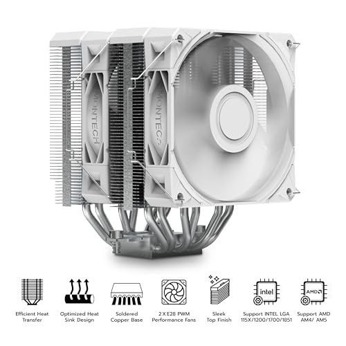 Image of MONTECH NX600 Dual-Tower CPU Air Cooler with 6 Heatpipes & Premium Top Cover | 28mm E28 PWM Premium Fan| Soldered Copper Base | Superior Heat Dissipation | All Intel & AMD Socket Support | White