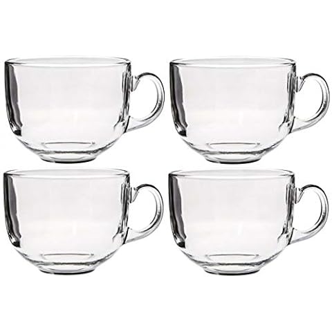 Set of 4 Extra Large Jumbo Clear Glass Coffee Mugs Soup Mugs 500ml Capacity Cover