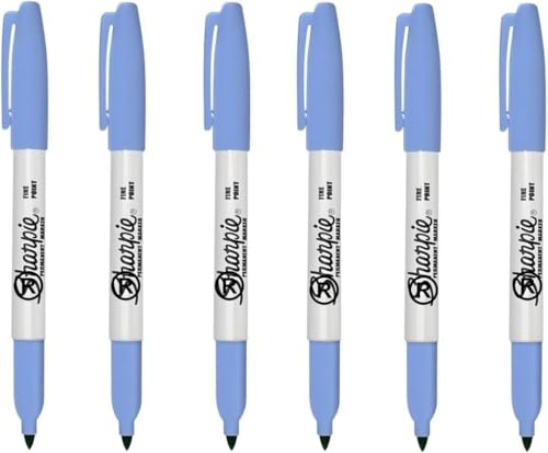 6 x Sharpie Permanent Marker Pens | Marks on Most Surfaces: Paper Fabric Glass Plastic Wood Metal...| Fine Point Bullet Tip Nib for Smooth Writing - Blue Colour Ink | Loose in Plain Packaging