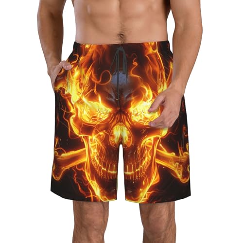 Men's Quick Dry Swim Shorts Flaming Skull and Fire Cross Bones Death Pirates Dark Beach Trunks with Pockets