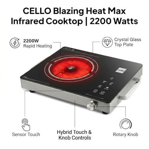 Image of CELLO Blazing Heat Max Infrared Cooktop Stove 2200W Black | Crystal Glass Top Plate, Digital Display, Sensor Touch Controls, 4 Preset Menu & 4KV Surge Protection | For Frying Boiling | 1 Year Warranty