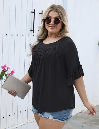 Image of Micoson Womens Plus Size Tops 3 /4 Ruffle Sleeve Crewneck Pleated Shirts