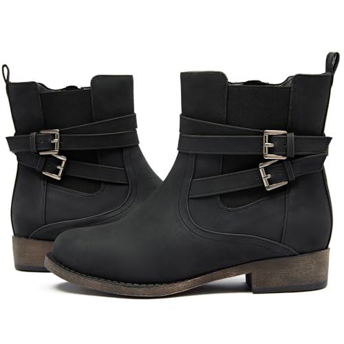 Ataiwee Women's Ankle Boots - Classic Side Zip, Comfortable Platform, Cover with Buckle Strap, Round Toe, Low Chunky Heel Comfort Slip On Fashion (Black/Dark Brown/Grey) Boots.2