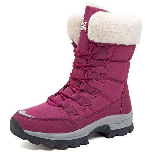 VLOOKST Botas para Mujer Botas de Nieve Botines de Invierno Impermeable Forradas con Pelo Botas de Senderismo Botines de Nieve Botas de Trekking Morado Talla 41