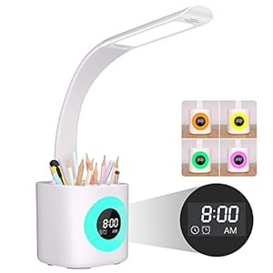 Hokone Desk Lamp for Kids LED Desk Light for Home Office Dimmable USB Table Lamps with Clock with Pen Holder Adjustable Desk Lamps with Color Night Lamp,Children’s Christmas Gifts White