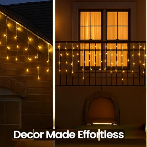 Image of MIRADH Icicle Diwali Lights Outdoor, 10ft 96 LED with 16 Drops Icicle Lights, Plug in Lights with 8 Modes Waterproof for Decoartion Light for Diwali, Christmas, Birthday, Ganesh Puja (Warm White)