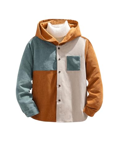 SHENHE Boy's Corduroy Jacket Casual Long Sleeve Button Down Color Block Hooded Shirt - Main Image