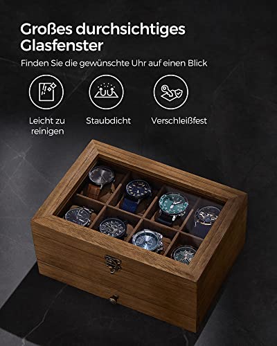 SONGMICS Uhrenbox mit 8 Fächern, Uhrenkasten aus Massivholz, mit Glasdeckel, Uhrenkissen, Schmuckaufbewahrung, Geschenk für Ihre Liebsten, walnussfarben JOW008K01