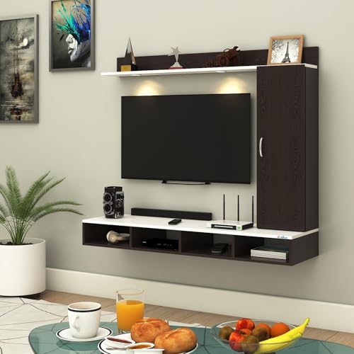 Image of Anikaa Dorex Engineered Wood Wall Mounted TV Unit with LED Lights, Storage Cabinet & Display Shelf for Living Room | Ideal for Upto 55 Inch TV- Wenge /White(DIY Installation)
