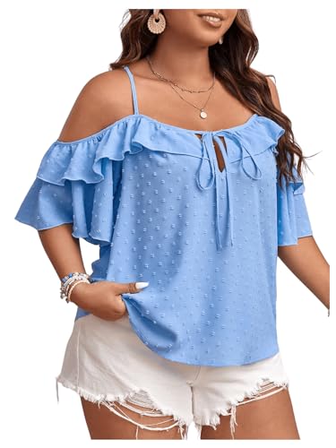 SOLY HUX Women's Plus Size Cold Shoulder Blouse Ruffle Trim Tie Front Shirts Casual Swiss Dots Tops