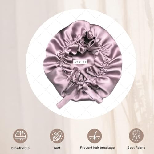 Image of Atrube's Silk Satin Hair Bonnet Reversible with Adjustable Tie Band Wrap Satin Wrap with Hair Scalp Massager Shampoo Brush and 3 Scrunchies (Purple)