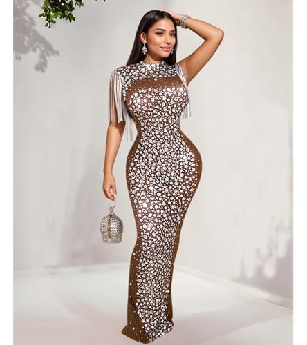 Image of Jigfar Women Sexy Elegant Rhinestone Mesh See Through Party Club Night Split Bodycon Formal Maxi Dress