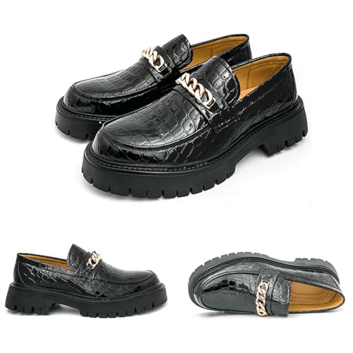 Men's Leather Printed Platform Penny Loafers Fashion Round Toe Non-Slip Lug Sole Slip-On Business Casual Dress Shoes for Office Prom Party3