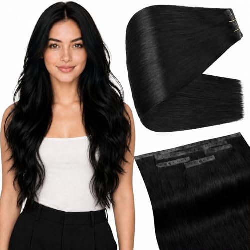 Image of Full Shine Butterfly Weft Hair Extensions Human Hair Off Black 16 Inch 90G | Natural Volume, Invisible PU Holes, For Thin Hair, Daily Wear, No Glue No Heat Method, 5pcs Full Set for Women