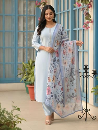 Image of INDO ERA Women's Pure Cotton Solid Solid kurta & Pant with Dupatta Set | Cotton Kurta Set For Woman
