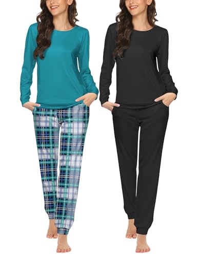 Ekouaer 2 Pack Pajama Sets for Women,Long Sleeve Top Jogger Pant Loungewear