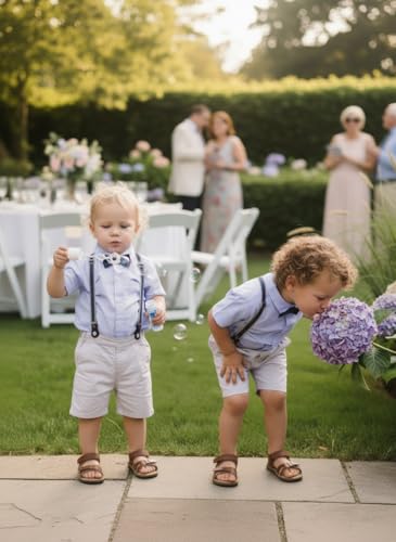 Image of Volunboy Baby Boy Formal Short Set Toddler Summer Gentleman Outfit Kid Short Sleeve Bowtie Shirt Suspender Shorts Suit