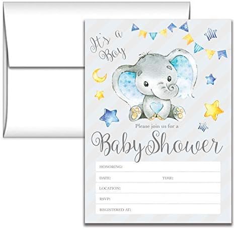 Elephant Baby Shower Invitations - Gray and Blue Boy Party Invites