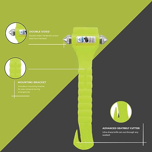 Lifehammer Brand Car Safety Hammer, the Original Emergency Auto Escape and Rescue Tool with Seatbelt Cutter, Made in the Netherlands, Glow Yellow (Pack of 2)