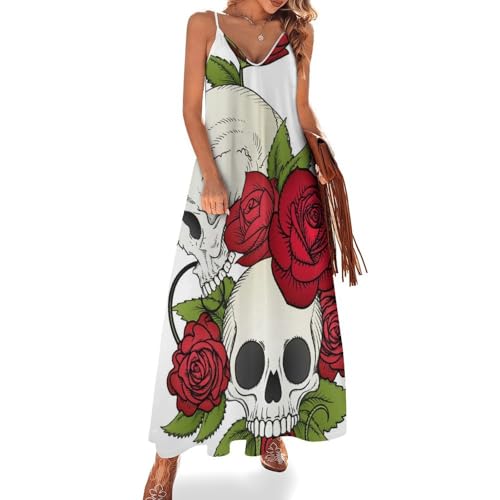 Robe longue crâne fleur rouge sans manches imprimé graphique unique style bohème