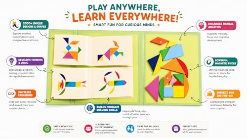 Image of Magnetic Tangram Puzzle for Kids, Wooden Educational Puzzle Toy, Toys for 4-10 Years Montessori Puzzle Game, Educational STEM Activity Book (17 pcs Tangram)