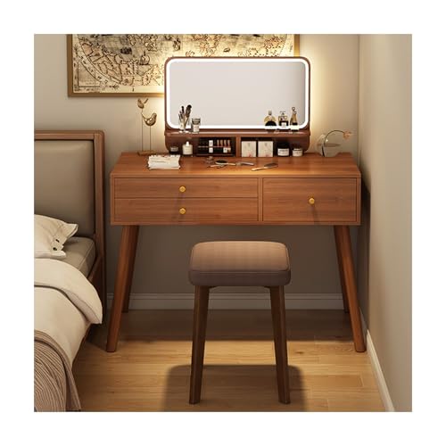Juego de mesa de tocador con luz LED, escritorio de maquillaje y taburete de 80 cm, tocador para dormitorio, estantes abiertos, elegante tocador para maquillaje y cosmetología.