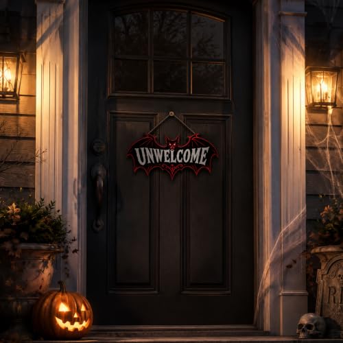 Image of Halloween Decorations - Funny Gothic Bat Wooden Sign for Front Door | Unwelcome Bat Halloween Wood Wreaths Door Sign Decor- Halloween Party Favors Supplies for Home Wall Decor Outdoor Indoor