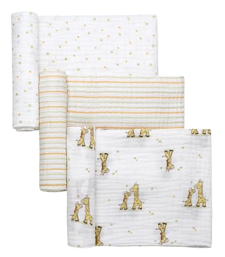 Image of 3 Pack Cotton Muslin Swaddle Blankets for Baby, 40 inch x 36 inch, Lightweight, Breathable, Multicolored Print, (Little Me Giraffe)