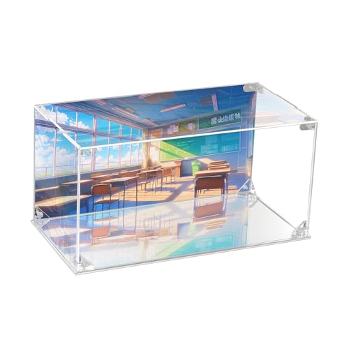 CHILLCASE UV Printed Background Acrylic Display Case with Mirror Base Anime Scene Clear Display Box Stand for Collectible Showcase for Action Figures Models PVC(Classroom,11.8×5.9×5.9 inch
