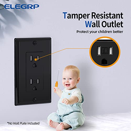 Elegrp Decorator Wall Receptacle Outlet, Tamper Resistant 15 Amp Standard Electrical Wall Outlet, Residential Grade, Self-Grounding, 125V, 2 Pole 3 Wire, 5-15R, Ul Listed, Glossy Black, 10 Pack #TOP3