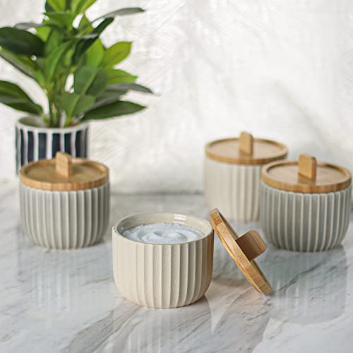 Lunavita Salt Cellar Keeper With Bamboo Lid, 14Oz Big Capacity Ceramic Sugar Bowls Pepper Box, Crackle Glaze Seasoning Container Condiment Pot For Kitchen, (Cream Color), 3.9×4 #TOP6