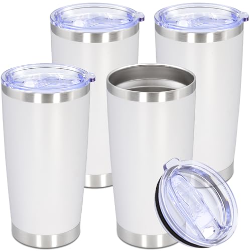 AUWBON 20oz Tumbler Stainless Steel Tumbler Cup with Lid Vacuum Insulated Double Wall Travel Mug, Durable Powder Coated Travel Coffee Tumbler Mug for Hot & Cold Drinks, White,4 Pack