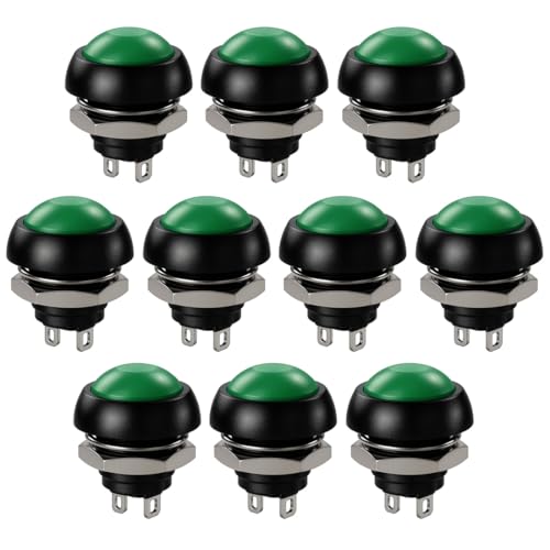 Gebildet 10 Stück 12mm Wasserdichter Momentan Drucktaster SPST EIN/AUS 3A/3V-5V-9V-12V-24V-230V AC, Verriegelungsloser Mini-Rundtaster für Autotrompete, PC, Tischlampe, Türklingel zu Hause (Grün)