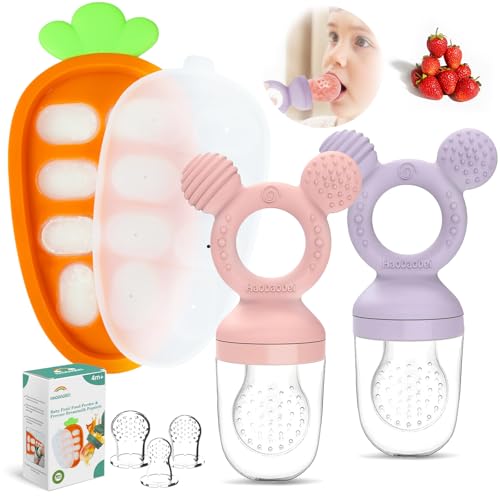 Baby Fruit Food Feeder - Silicone Nibble Tray Combo - Breastmilk Popsicle Mold for Cooling Relief, BPA Free Mesh Feeder for Infant Self Feeding (Lavender Pink + Carrot)