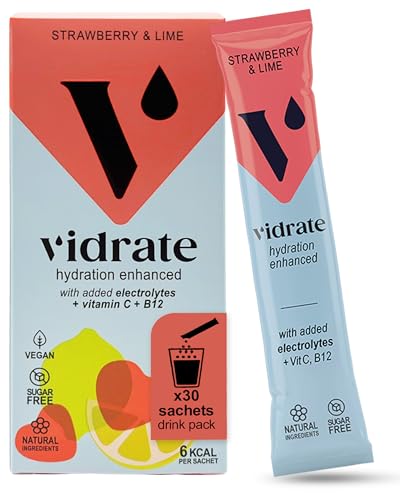Vidrate Electrolytes Powder - Hydration Sachets Packed with Vitamins - Zero Sugar Rehydration Sachet No Artificial Sweeteners Preservatives - Strawberry & Lime Large Pack 30 Electrolytes Sachets