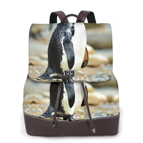 Sac à dos randonnée et voyage en cuir noir imprimé pingouin pour le campus