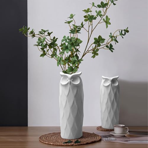 Image of PUREZENTO SnowOwl White Ceramic Donut Vase 8.27 & 9.45 Inch - Set of 2 | Decorative Owl Shape Sculptural Vase for Dried & Fresh Flowers | Vases for Modern Home Decor, Living Room, Office Decor Ideas