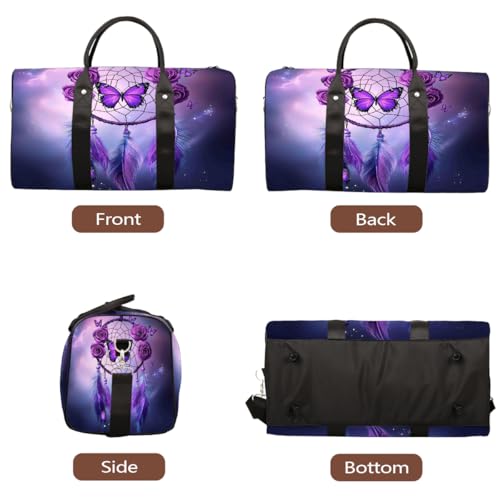 Purple Butterfly Rose Dream Catcher Travel Duffel Bag Sports Tote Gym Bag Waterproof Tear-Resistant Carry On Overnight Bag Foldable Weekender Bag for Gym Travel Getaway Beach Sports3