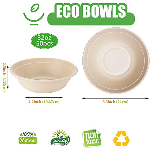 Disposable Paper Bowls, 32 Oz Large Bowl-100% Compostable, Biodegradable, Green And Eco-Friendly [50 Pack] Natural Colour Bowls- Convenient For Daily Use For Salad, Hot Soup #TOP3
