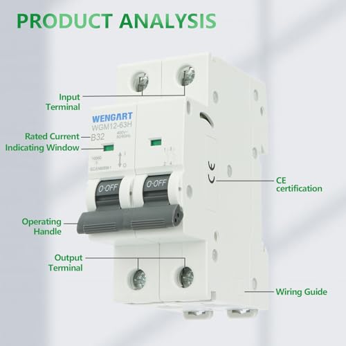 Wengart MCB Leitungsschutzschalter 32A 2-polig, 10kA B-Charakteristik, Sicherungsautomat AC 230V, Haushalts-Sicherung für Verteilerkasten & Beleuchtungsstromkreise, DIN-Schiene