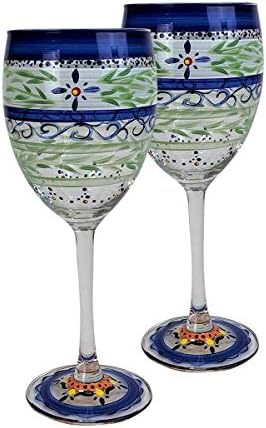 Golden Hill Studio Hand Painted Wine Glasses Set of 2 - Barcelona Blue Collection - Hand Painted Glassware by USA Artists - Unique and Decorative Wine Glasses, Kitchen Table Décor