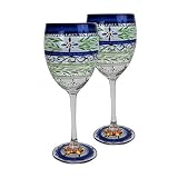 Golden Hill Studio Hand Painted Wine Glasses Set of 2 - Barcelona Blue Collection - Hand Painted Gla