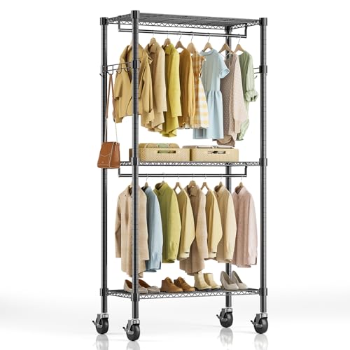 Simple Deluxe Rolling Clothes Rack, Heavy Duty Clothing Rack, 3-Shelf Portable Adjustable Wardrobe Closet with Wheels, Hanging Rods & Side Hooks, 29.5